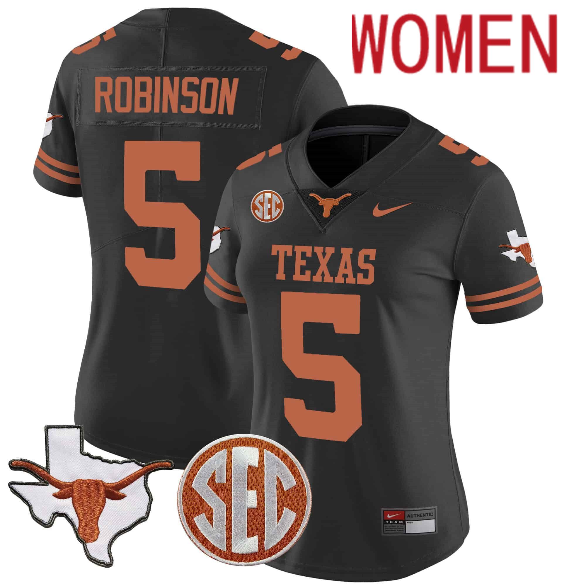 Women Texas Longhorns #5 Robinson Black 2024 Nike State Map & SEC Patch Vapor NCAA Jersey style 1